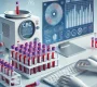 DALL·E 2024 12 05 14.05.39 A clean and modern depiction of a medical blood test setup. The image features a test tube rack with blood samples a centrifuge in the background an 90x80